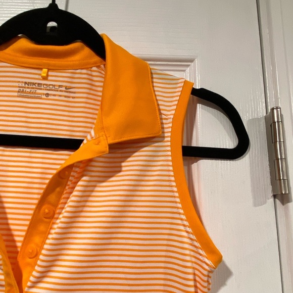 Nike Dri Fit Gold Size XS Sleeveless V Neck Collared Athletic Top Orange Stripes - Picture 5 of 10